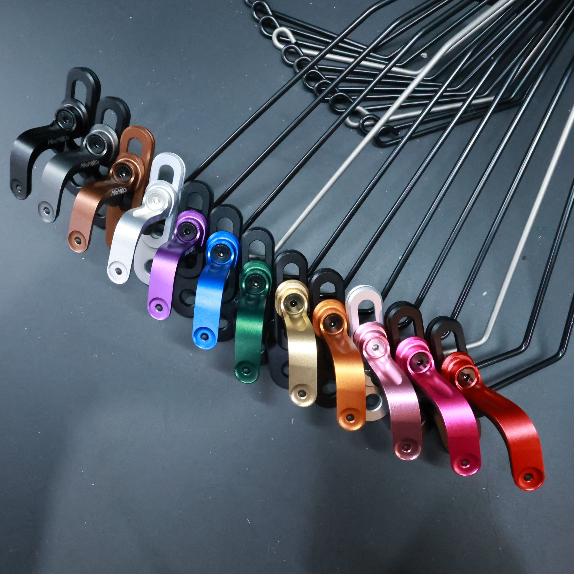 MiniMODs Adjustable Front Axle Hook in 12 colours mounted on stays